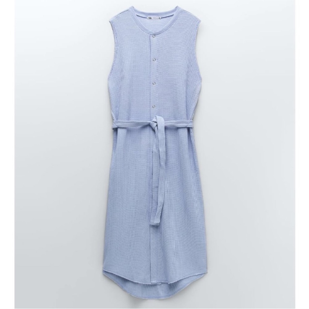 Zara NWOT Textured Woven Sleeveless Maxi Blue snap down Dress With Belt Woman M